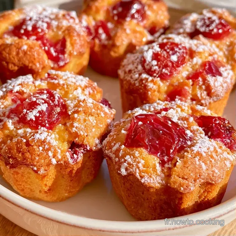 Petit g&acirc;teau amande dor&eacute; pos&eacute; sur une assiette blanche, entour&eacute; de cerises fra&icirc;ches et d'une touche de cr&egrave;me.