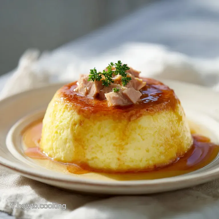 A slice of rich flan, showing its creamy interior, drizzled with sauce and garnished with herbs.