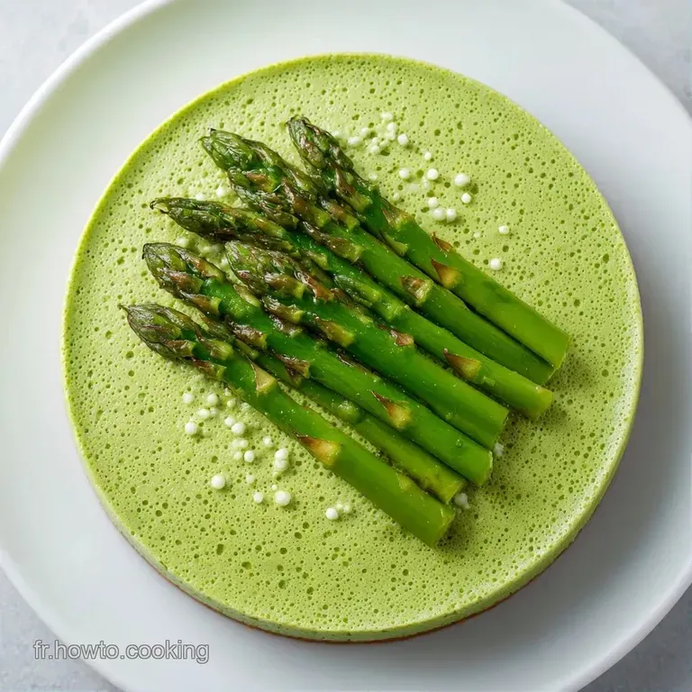 Cercle de cr&egrave;me onctueuse vert tendre sur assiette blanche, d&eacute;cor&eacute; de jeunes pousses fra&icirc;ches et de fleurs d&eacute;licates.