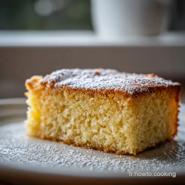 Une part triangulaire moelleuse sur une assiette blanche, sa surface blonde contrastant avec une mie tendre et poreuse.