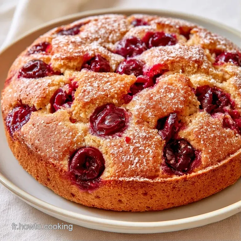 Une part moelleuse pos&eacute;e sur une assiette blanche, cerises &eacute;clatantes et pluie de sucre glace d&eacute;licate.