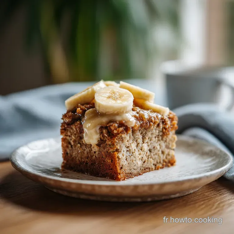 A slice of baked banana oat bars artfully arranged with a drizzle of honey and a scattering of fresh berries.