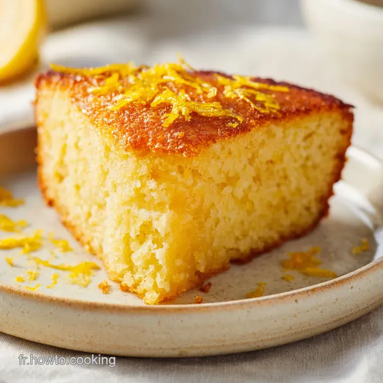 Part de g&acirc;teau moelleux jaune p&acirc;le sur une assiette blanche, texture a&eacute;r&eacute;e avec un zeste de citron frais pos&eacute;.