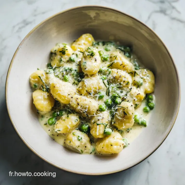 Glistening gnocchi in a velvety sauce artfully arranged on a plate, garnished with fresh basil and a drizzle of olive oil....