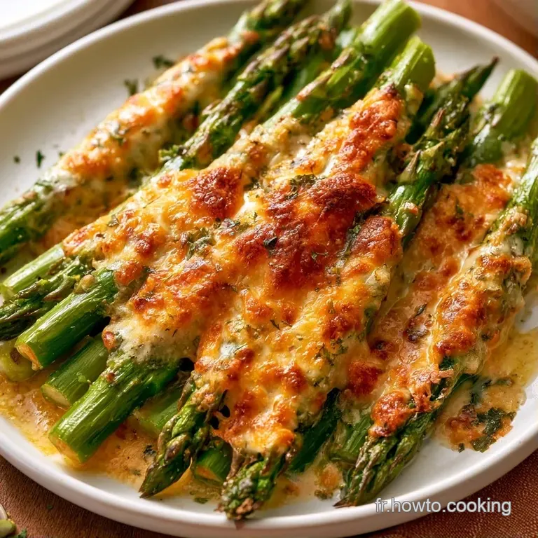 Asperges vertes align&eacute;es dans un plat en c&eacute;ramique, recouvertes d'une sauce blanche cr&eacute;meuse et grill&eacute;e au four.