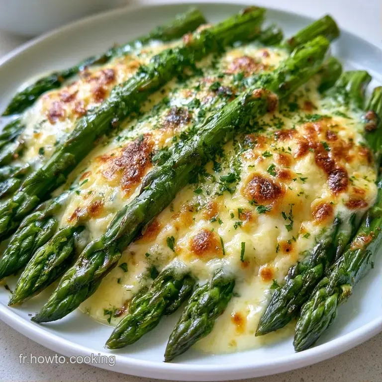 Quelques pointes d'asperges vertes align&eacute;es avec un nappage jaune brillant et soyeux sur une assiette blanche &eacute;pur&eacute;e.