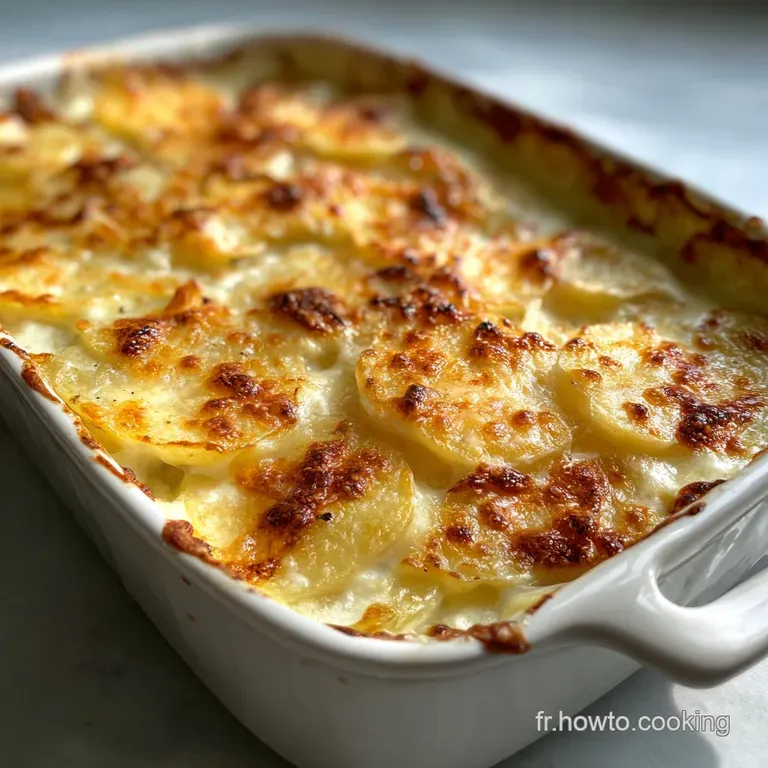 Elegant serving of scalloped potatoes, browned and bubbly, garnished with fresh thyme, steaming gently on a white plate.