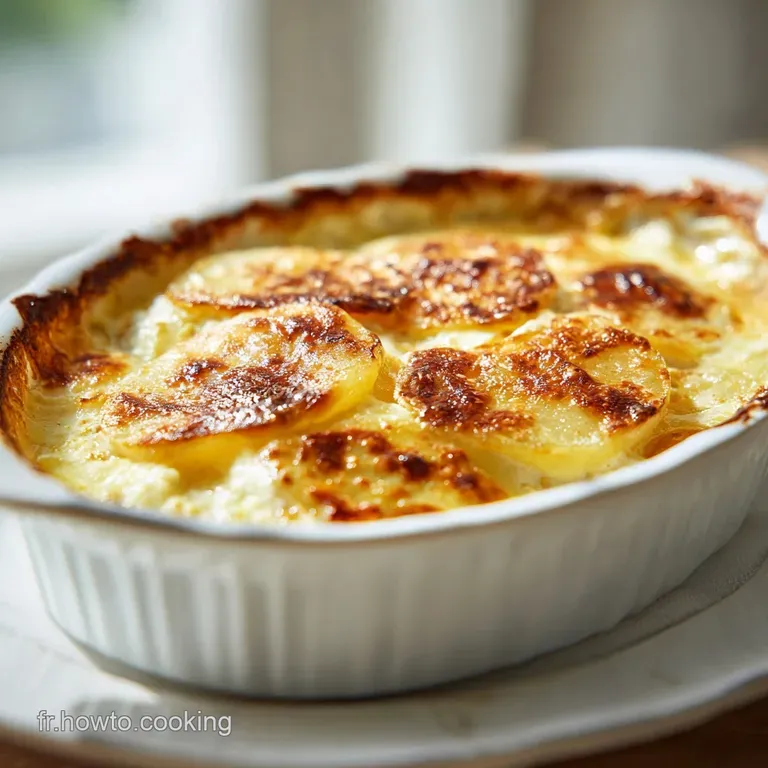 Elegant slice of gratin dauphinois with crispy edges. Steaming, creamy potatoes glisten alongside a sprig of fresh thyme.