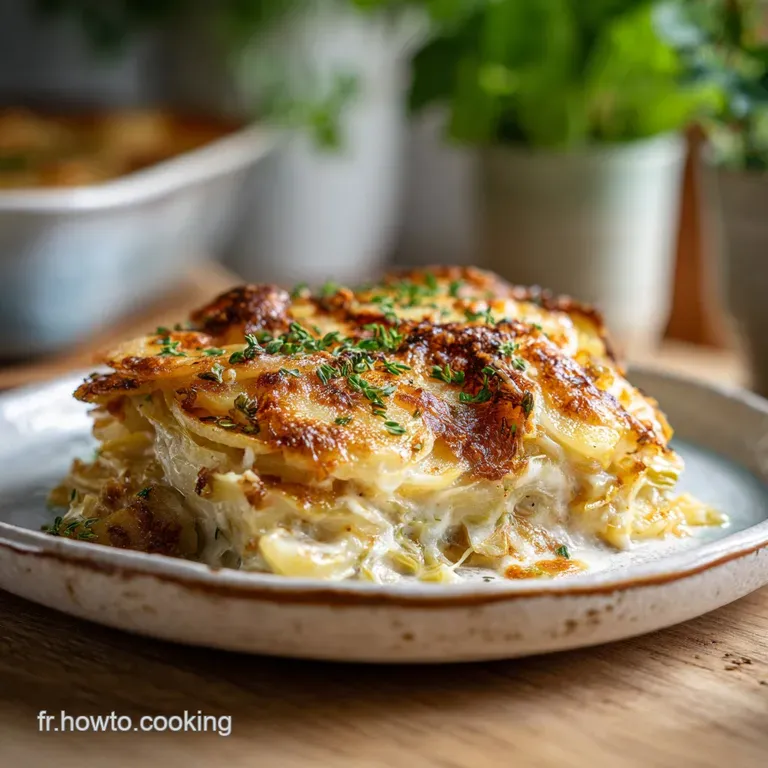 A single serving of the gratin, browned edges and soft interior, plated with a sprig of fresh thyme for an elegant touch.