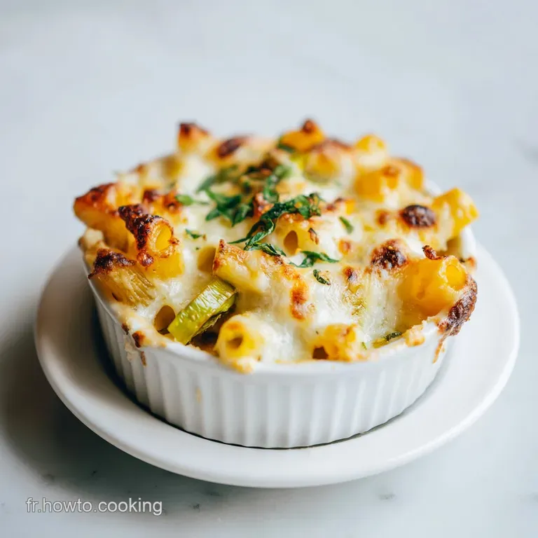 Creamy rigatoni gratin in a white dish, flecked with herbs, atop a rustic wooden table. Warm and inviting.