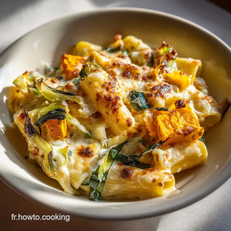 Gratin de Rigatonis Poireaux Courge R&ocirc;tie