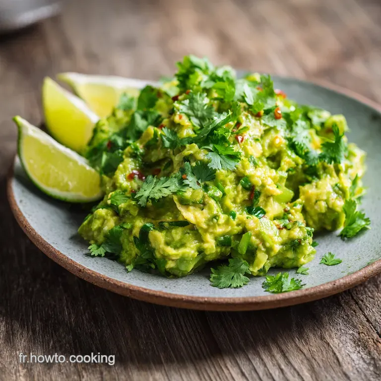 Creamy guacamole elegantly spread on a toasted baguette slice, garnished with a vibrant sprig of cilantro. Zesty and invit...