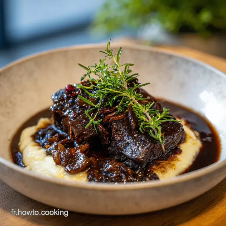 Elegant plate of glistening beef cheek with a pool of dark sauce, atop smooth mashed potatoes and bright green beans.