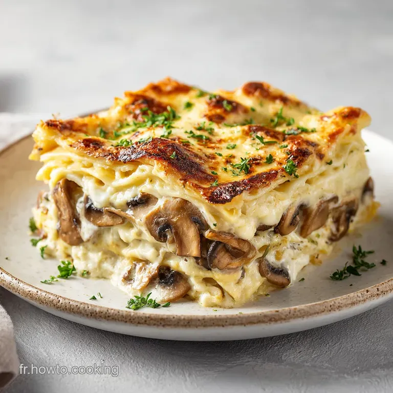 A generous slice of creamy chicken and mushroom lasagna, perfectly baked and steaming.