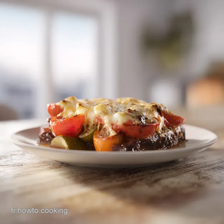 Une part carr&eacute;e dress&eacute;e sur assiette blanche, montrant des strates de l&eacute;gumes fondants sous un nappage brillant.