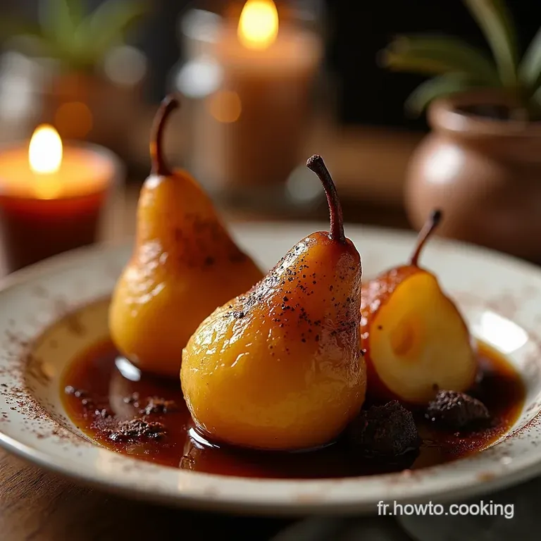 Les Reines dAutomne Poires Pochées au Miel Vanille Son Chocolat Noir Fondant presentation