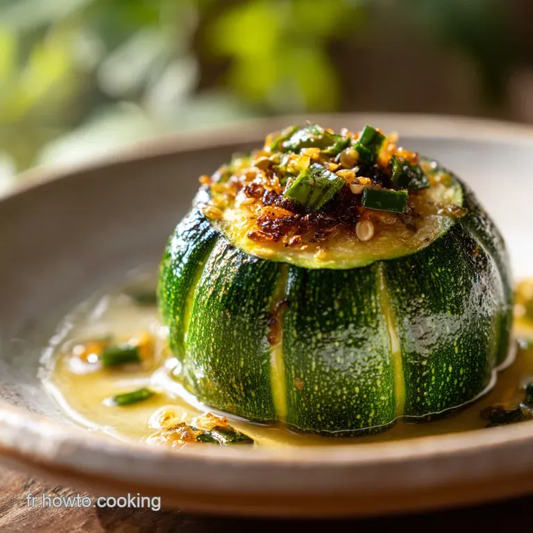 A single stuffed zucchini, glistening with olive oil, sits atop a bed of fresh herbs, showcasing its rustic charm.