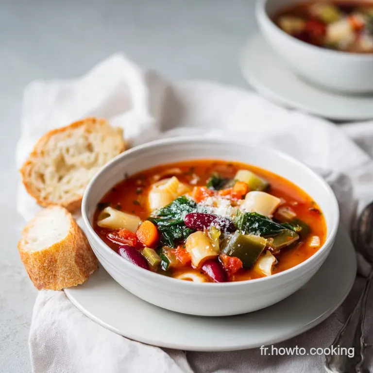 Hearty minestrone served in a rustic ceramic bowl, garnished with fresh parsley and crusty bread.