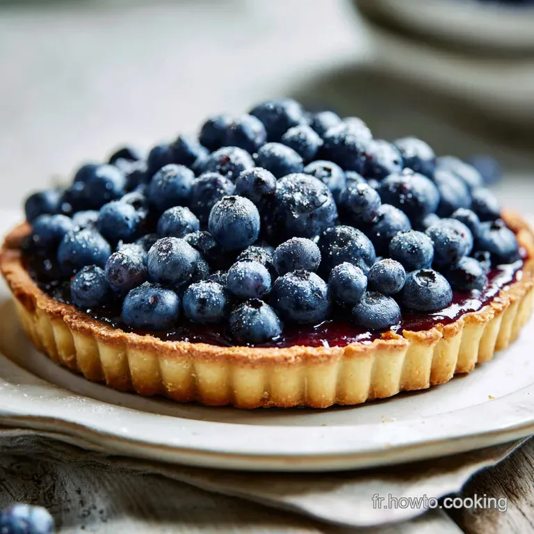 Slice of blueberry tart on a white plate, glistening berries against a flaky crust. A simple dessert, elegant in its prese...