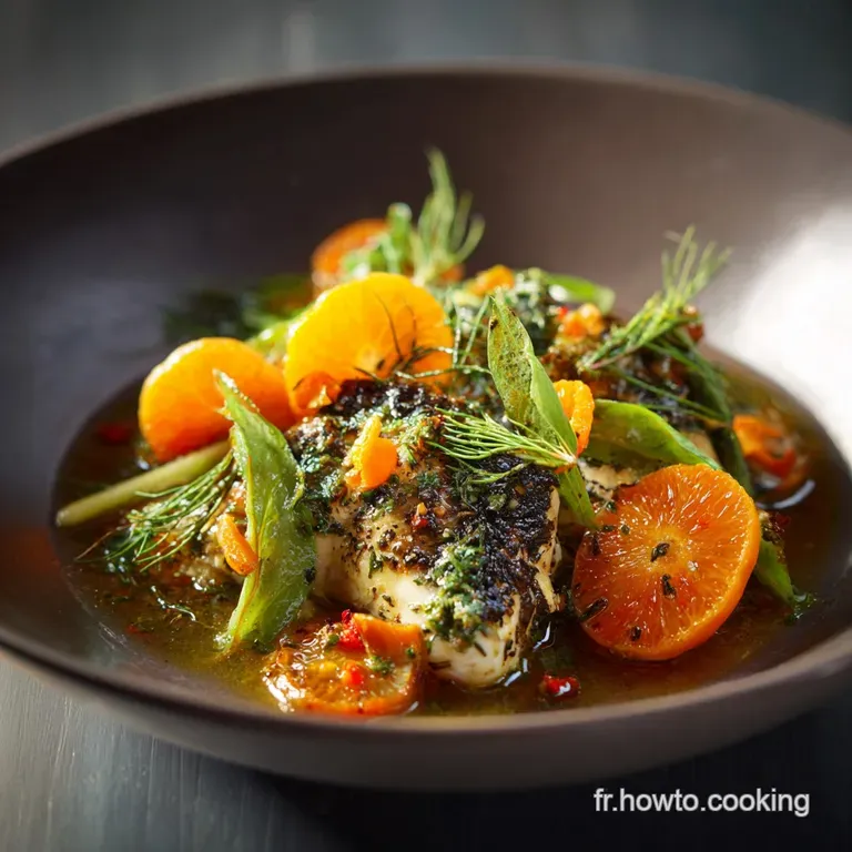 Filet de Lieu Noir Rôti aux Herbes Légumes Printaniers et Vinaigrette Mandarine