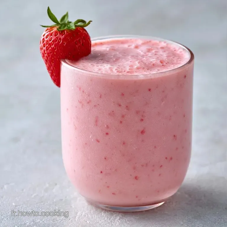 Boisson onctueuse rose pastel dans un verre givr&eacute;, surmont&eacute;e d'un nuage de cr&egrave;me et d'une paille rouge color&eacute;e.