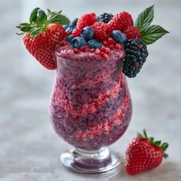 Verre givr&eacute; contenant un breuvage mauve cr&eacute;meux, d&eacute;cor&eacute; d'un nuage de chantilly et de baies fra&icirc;ches violet fonc&eacute;.