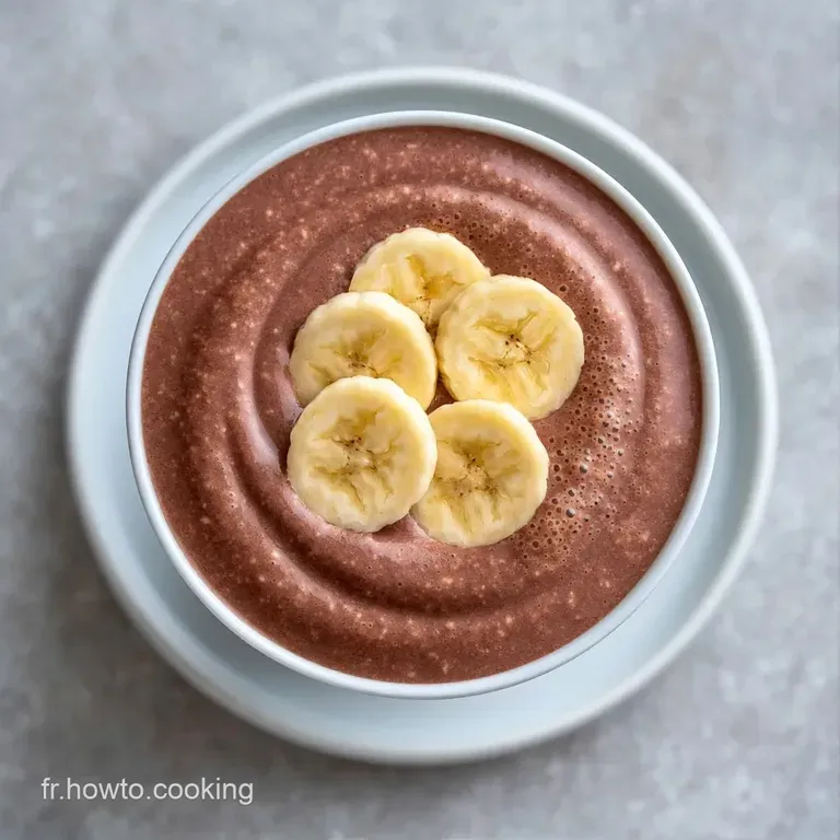 Un grand verre givr&eacute; contenant un m&eacute;lange onctueux beige, d&eacute;cor&eacute; de copeaux de chocolat et d'une tranche de banane.