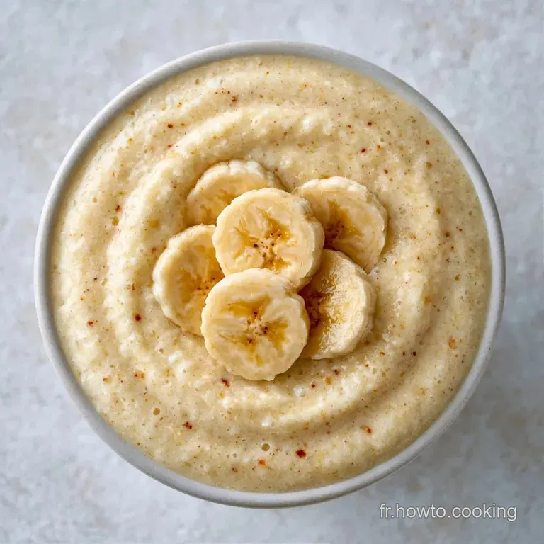 Grand verre givr&eacute; contenant un liquide velout&eacute; jaune cr&egrave;me, pos&eacute; avec &eacute;l&eacute;gance &agrave; c&ocirc;t&eacute; de tranches de banane.