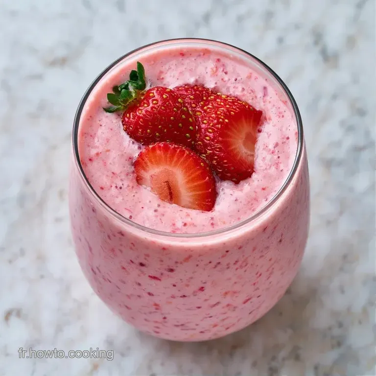 Grand verre givr&eacute; rempli d'une boisson onctueuse rose pastel, pos&eacute; sur une table en bois clair avec des fruits frais.