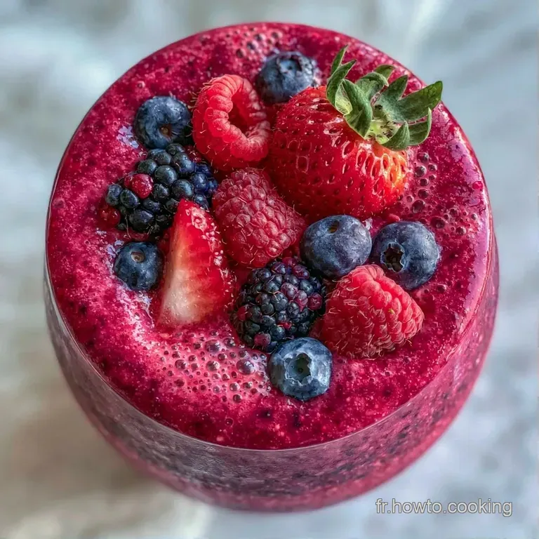 Verre givr&eacute; contenant un breuvage onctueux rose, surmont&eacute; d'une cr&egrave;me fouett&eacute;e et de m&ucirc;res juteuses et brillantes.