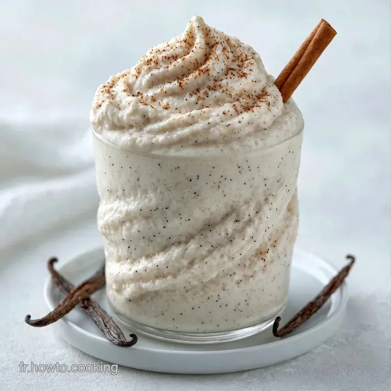 Grand verre givr&eacute; rempli d'une mousse blanche onctueuse, surmont&eacute;e d'un nuage de cr&egrave;me et d'une gousse de vanille.