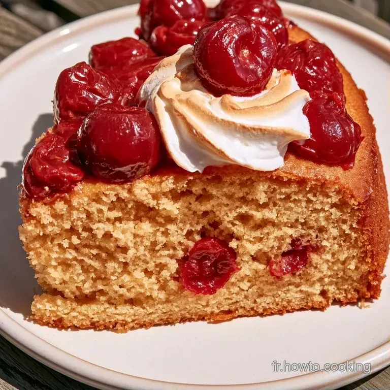 Une tranche moelleuse surmont&eacute;e de cerises &eacute;clatantes et d'un coulis rouge intense, dress&eacute;e avec soin dans une assiette.