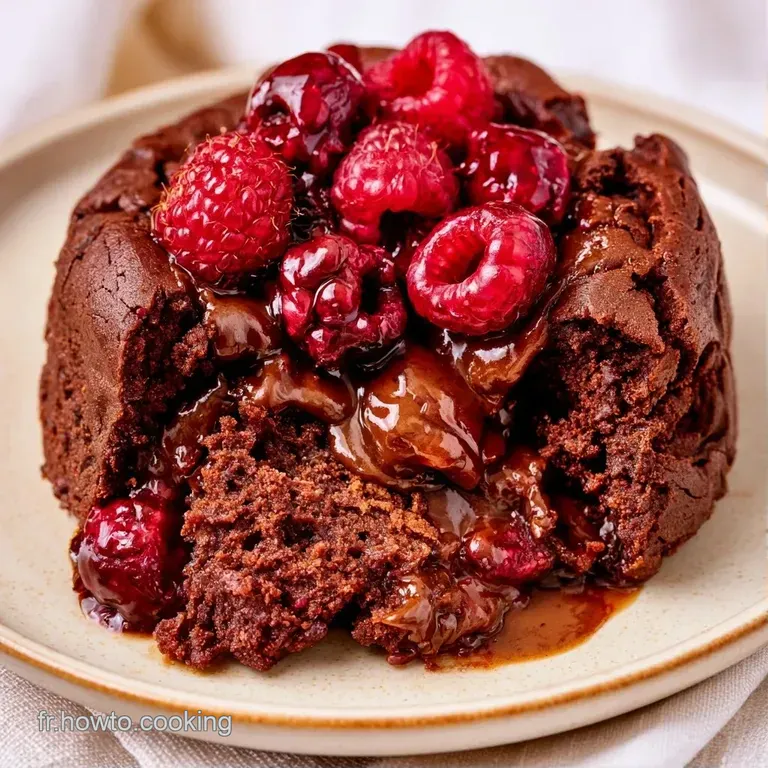 Un g&acirc;teau au chocolat sombre pos&eacute; sur une assiette blanche avec des framboises rouges et une feuille de menthe fra&icirc;che.