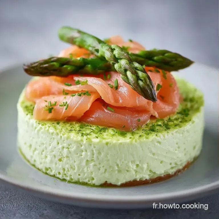 Quenelle onctueuse aux teintes vert p&acirc;le et corail, dispos&eacute;e avec art sur une porcelaine blanche, d&eacute;cor&eacute;e de verdure.