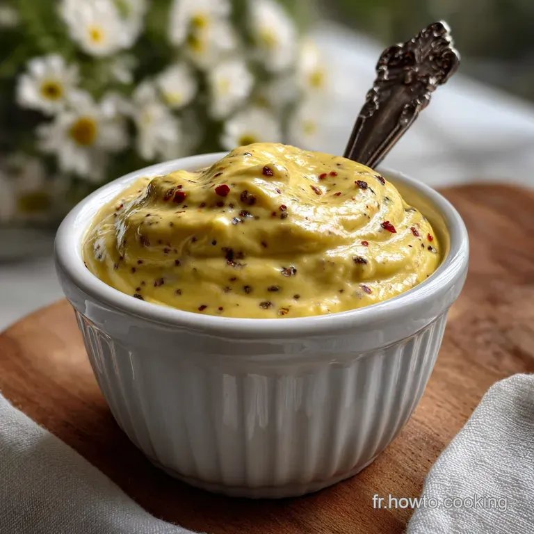 Glossy, vibrant mustard artfully arranged on a white plate. Hints of coarse texture contrast with the smooth sauce, a savo...