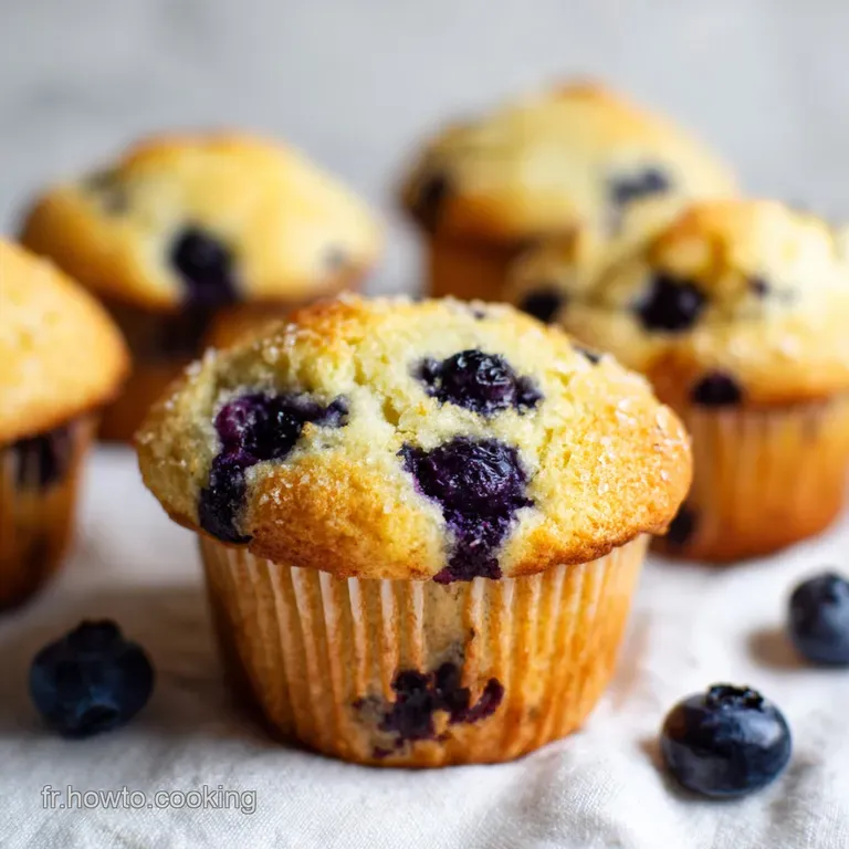 Three plump blueberry muffins arranged on a rustic wooden board, dusted with powdered sugar.