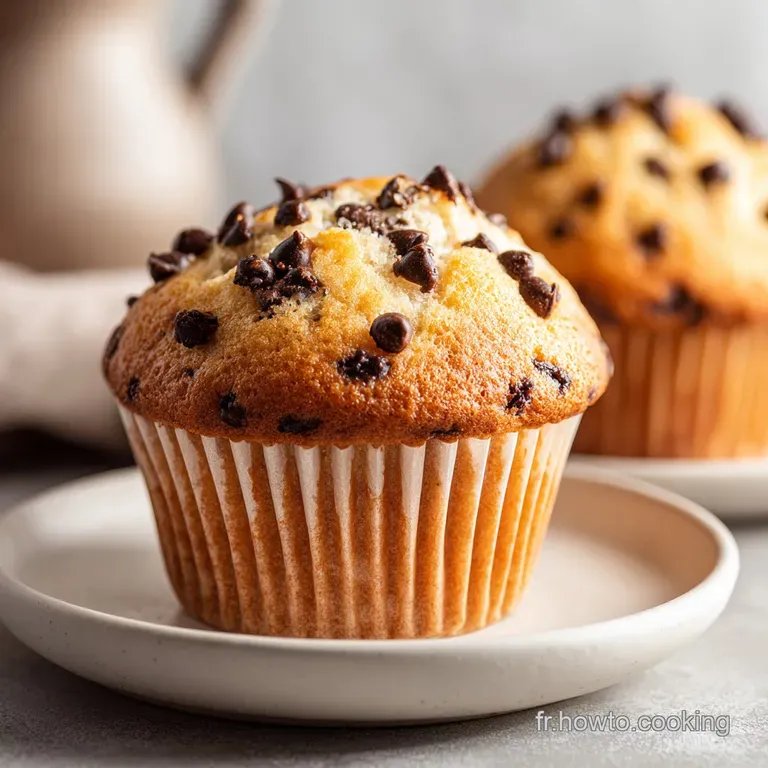 Warm chocolate chip muffin displayed on a linen napkin. Streaks of melted chocolate enhance the cozy scene.
