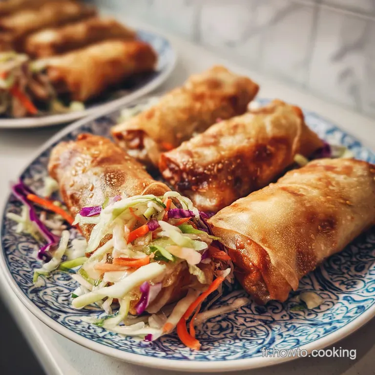 Delicate, fried nems served on a patterned plate, a vibrant dipping sauce, creating an appetizing and elegant display.