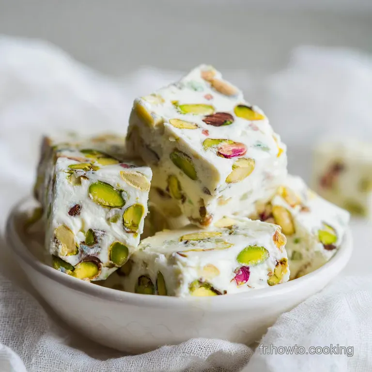 A slice of soft nougat with a chewy texture, drizzled with honey on a white plate.
