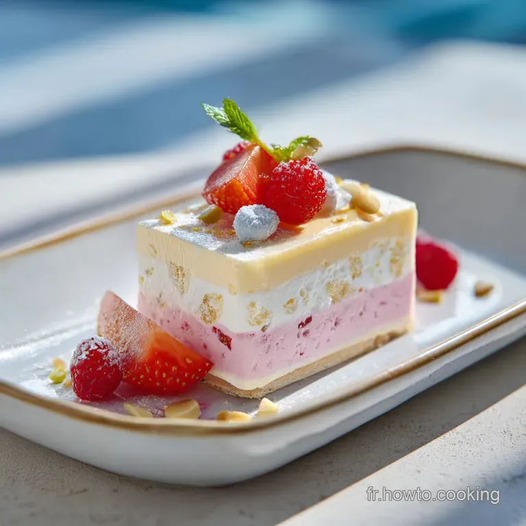 A pristine slice of honey nougat glac&eacute; on a dark plate, accented with delicate fruit.
