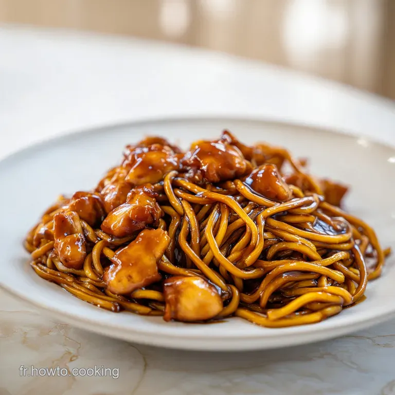 Disposition soign&eacute;e de nouilles en spirale, bouch&eacute;es napp&eacute;es de sauce brune et s&eacute;same blanc sur porcelaine blanche.