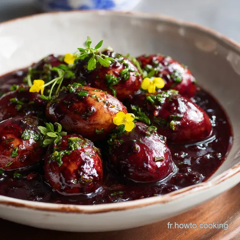 Elegant plate of poached eggs nestled in a deep red, glossy sauce with bacon. Garnished with parsley sprigs and crusty bread.