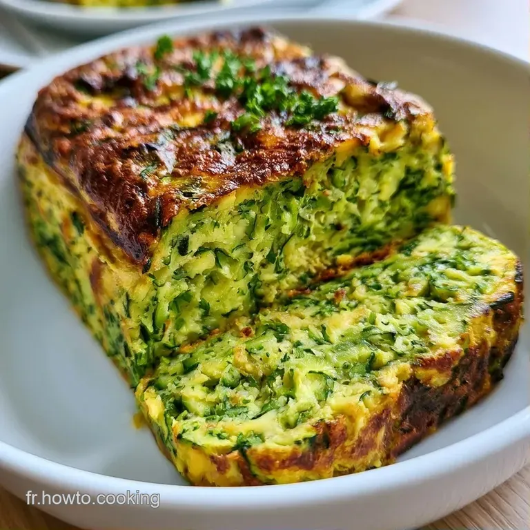 Tranche &eacute;paisse de cake vert p&acirc;le et dor&eacute;, pos&eacute;e sur une assiette blanche avec un trait de cr&egrave;me onctueuse.