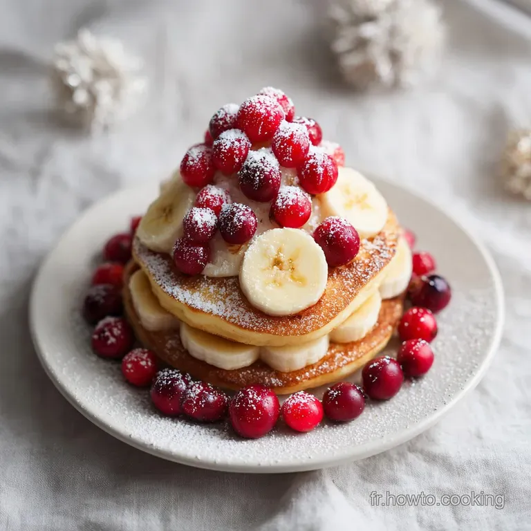 A festive stack of light brown pancakes, artfully arranged with a scattering of jewel-toned berries.