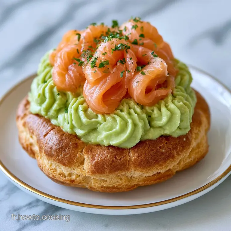 Couronne de p&acirc;te l&eacute;g&egrave;re pos&eacute;e sur une assiette blanche, d&eacute;cor&eacute;e de micro-pousses vertes et de gouttes de sauce luisante.
