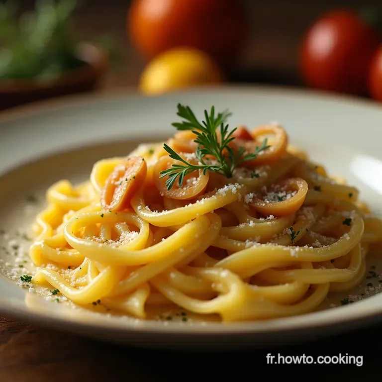 Les Fines Tagliatelles Crémeuses aux Cèpes et Suprêmes de Volaille presentation