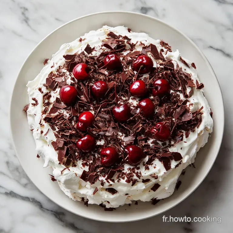 Elegant slice of pavlova. Meringue crackles, cream swirls, chocolate curls, and a burst of red from the cherries.