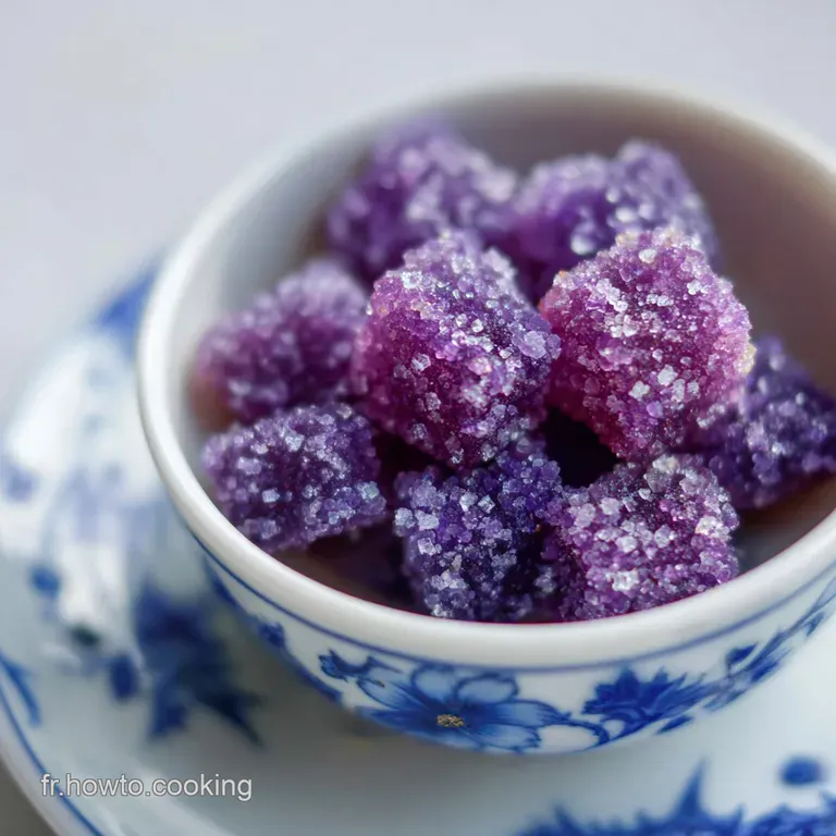 An exquisite petit four glazed with lavender icing, adorned with tiny edible flowers.
