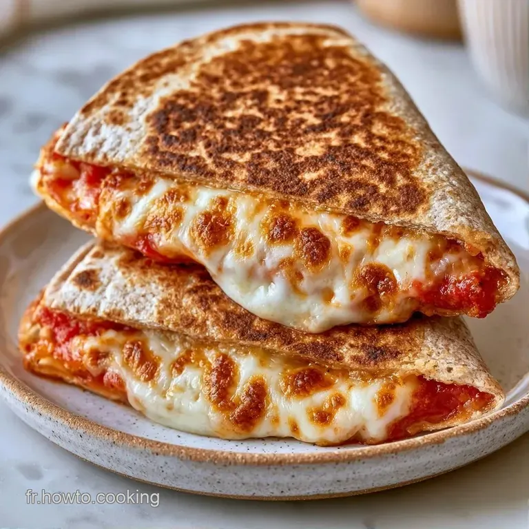 Morceaux de wraps grill&eacute;s dispos&eacute;s avec soin, alternant fromage filant et touches de basilic frais vert.