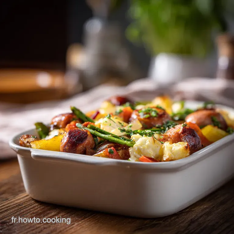A golden-brown cheese-topped sausage and vegetable bake is artfully portioned onto a rustic plate.